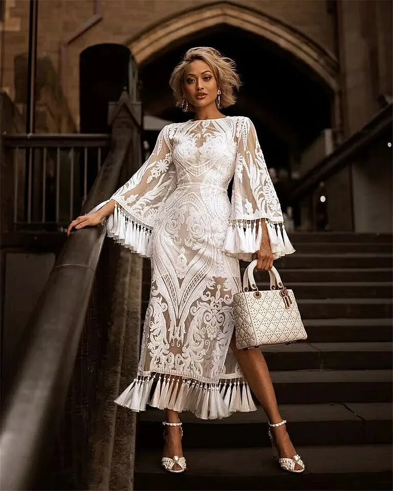 

Runway Dress 2019 New Tassels Sequined Flare Sleeve Celebrity Party Dress Women White Long Party Dress Sexy Female Bodycon Dress