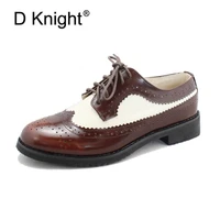 hot selling women genuine leather lace up oxford shoes vintage cow leather carved bullock oxfords for women ladies casual flats