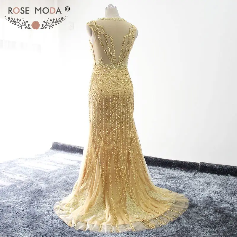 Rose Moda Bling V Neck Gold Mermaid Prom Dress Reflective Dresses 2019