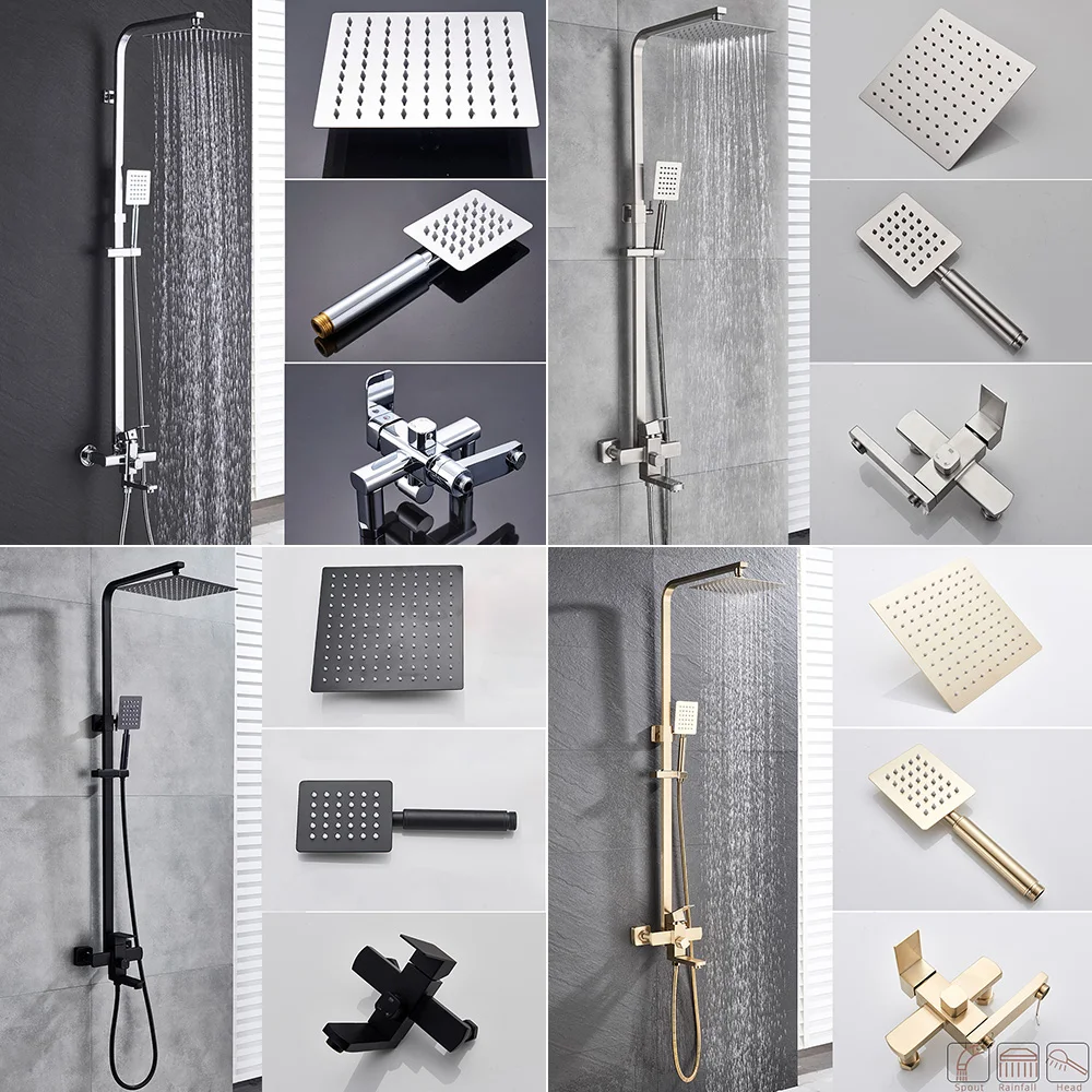 

Brushed Gold Shower Faucet In Wall 8" Stainless Steel Rainfall Bath Shower Set Swivel Bath Spout Black Bathroom Shower Column