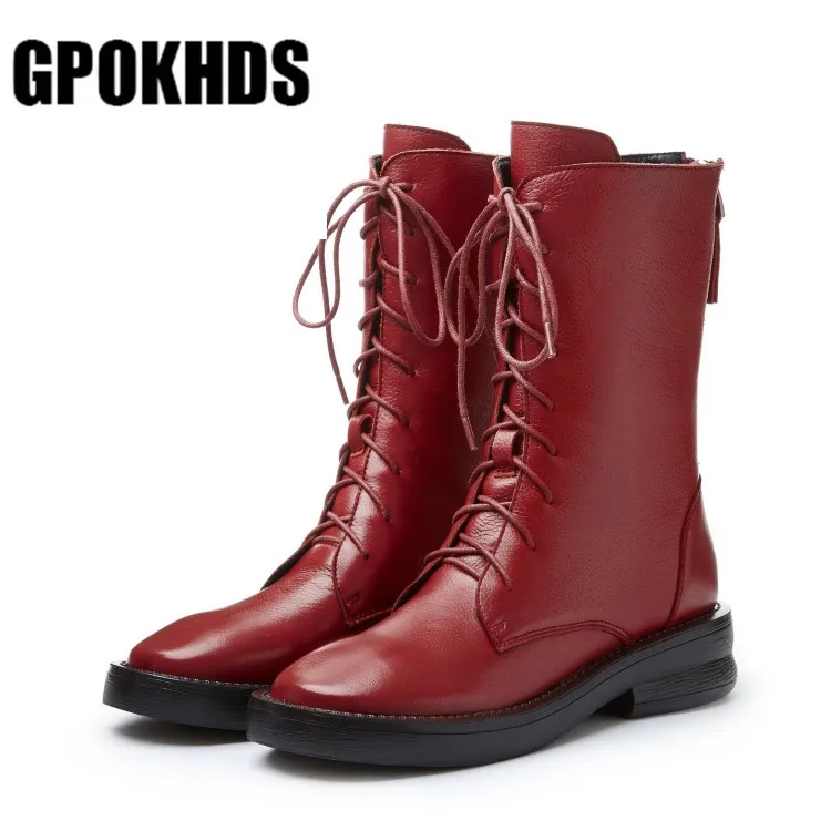 GPOKHDS/; женские сапоги до середины икры из коровьей кожи; сезон осень-весна; сапоги для верховой езды на низком квадратном каблуке со шнуровкой; красный круглый носок