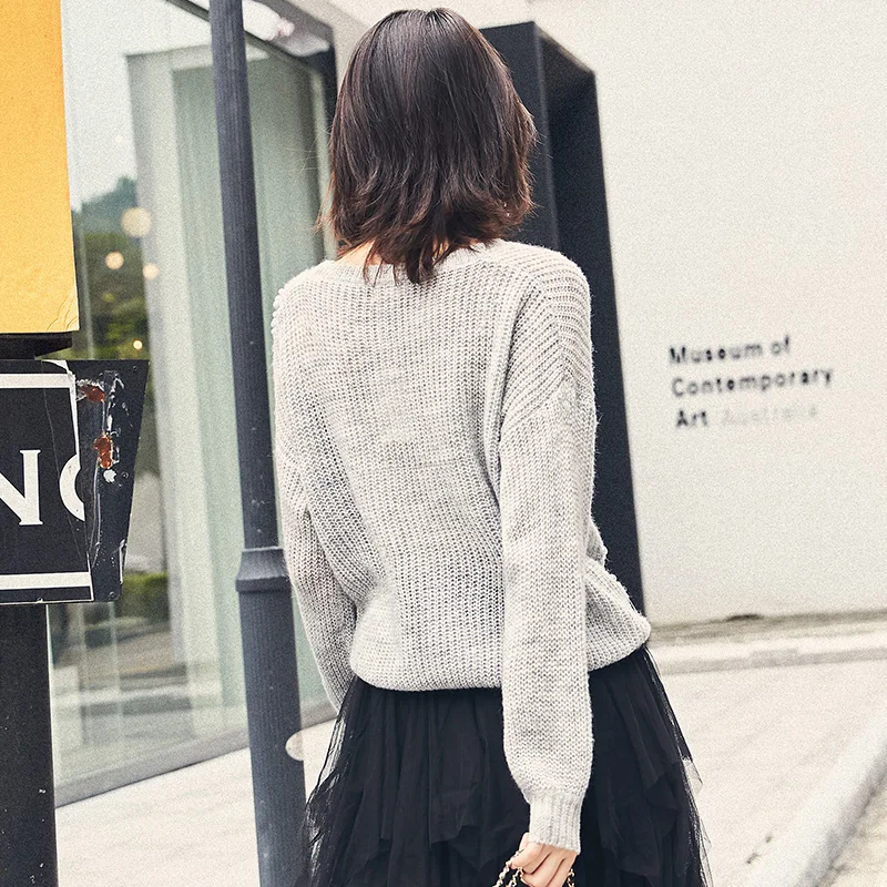 Sweat Sweater Women Autumn Winter Pullovers Solid Beading Causal Oversize Long-sleeve Knitted Sweaters CGM18163 | Женская одежда