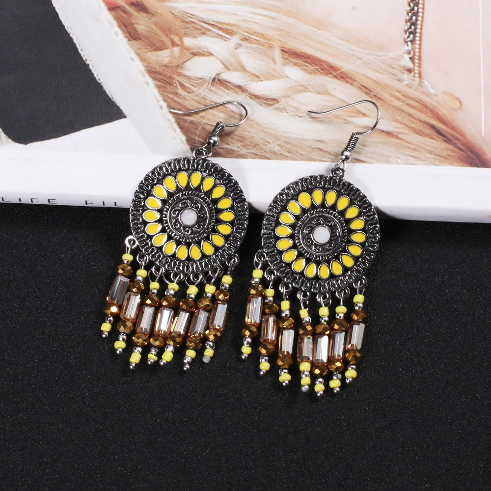 

MIARA.L New Ethnic Style Sun Flower Retro Female National Tassel Earrings for Dropshipping