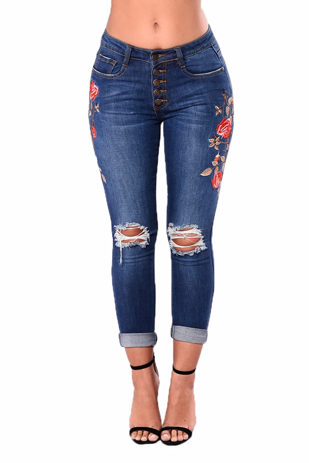 Women's Rose Embroidered Ripped Skinny Distressed Denim Jeans