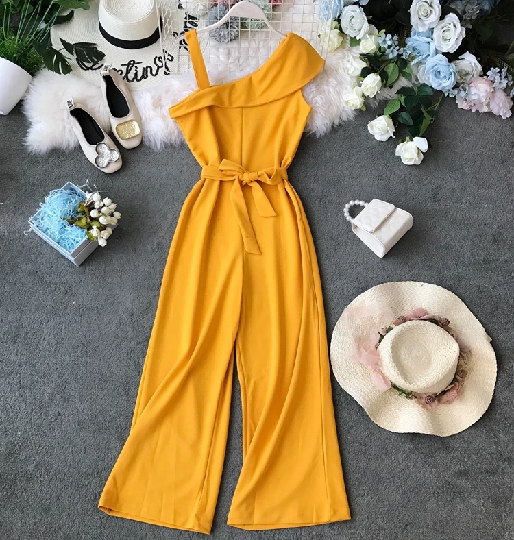 ALPHALMODA Женские однотонные Комбинезоны на одно плечо с высокой талией и поясом, женские летние модные повседневные Комбинезоны ярких цветов без рукавов