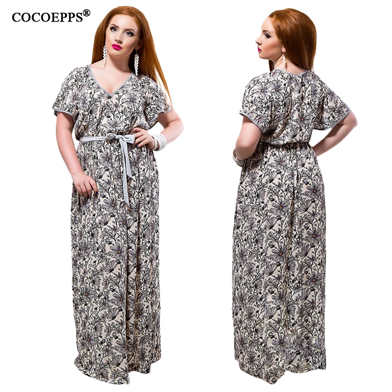 Новинка 2019 летние длинные платья Макси COCOEPPS 6XL с цветочным принтом женское платье