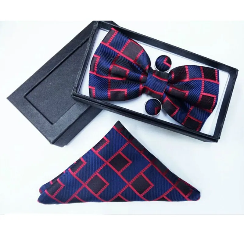 

SHENNAIWEI 100%Silk Jacquard Woven Men Butterfly Bow Tie Cufflinks plaid BowTie Pocket Square Handkerchief Hanky Suit Set box