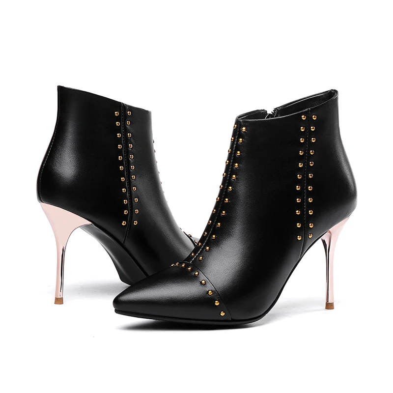 ISNOM Autumn Cow Leather Women Ankle Boots Stud Boot Pointed Toe Party Ladies Shoes High Heels Zip Black Footwear Big Size 32-45 | Обувь