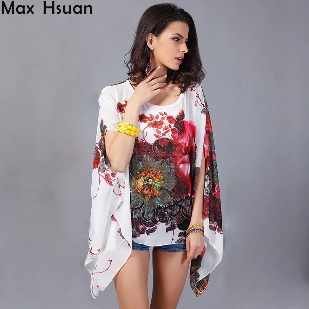Женская шифоновая блузка Max Hsuan летние топы с цветочным принтом и рукавом летучая