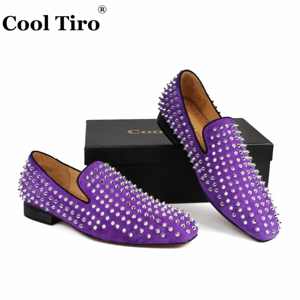 COOL TIRO 2018 new Purple suede leather men handmade shoes with spikes Fashion Party loafers men's flats | Обувь