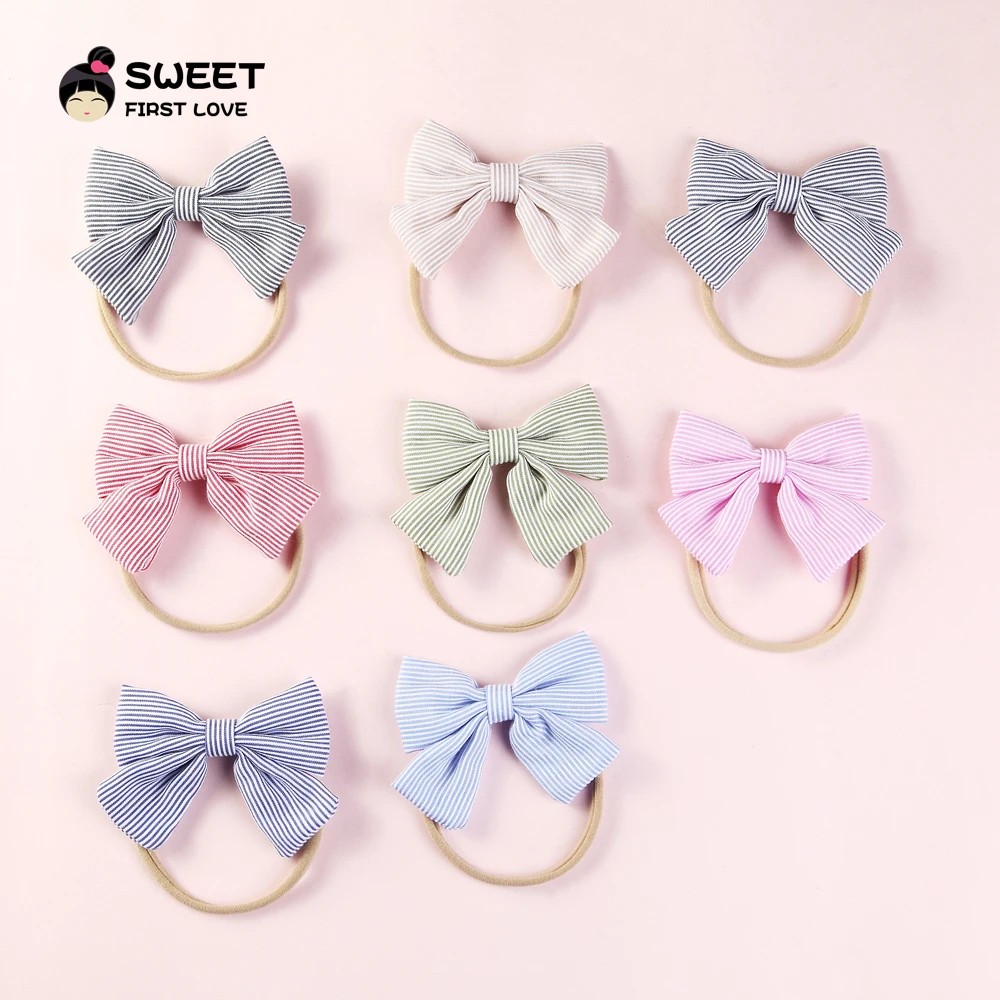 8 шт./лот ручная работа бант хлопковые повязки на голову в полоску эластичная