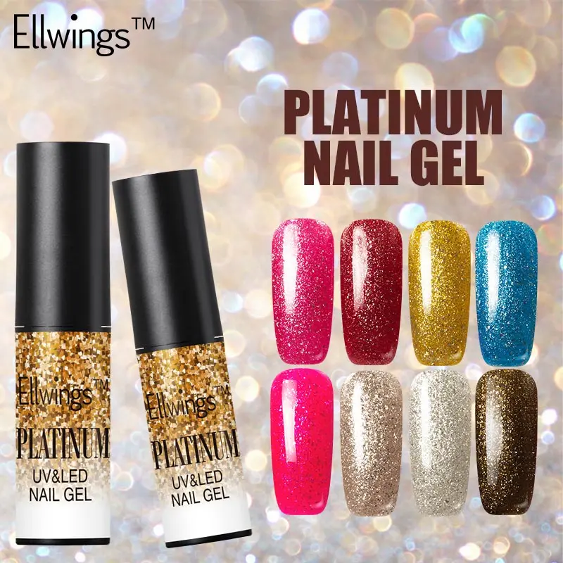 Ellwings 12 Цветов Shimmer Платиновый гель Лаки УФ светодиодный Soak Off для ногтей блестящие