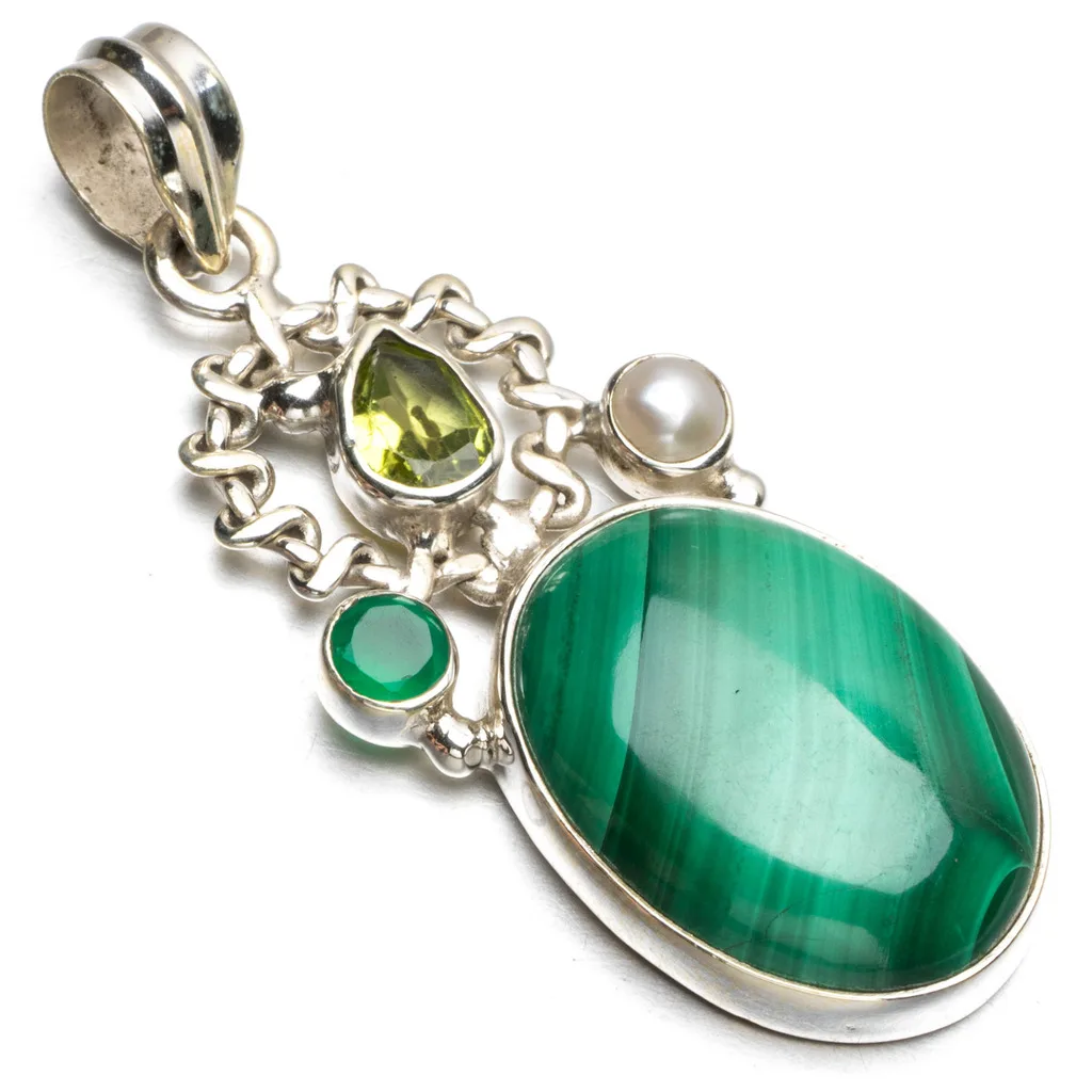 Natural Malachite Chrysoprase River Pearl and Peridot Punk 925 Sterling Silver Pendant 2&quot R0888 | Украшения и аксессуары