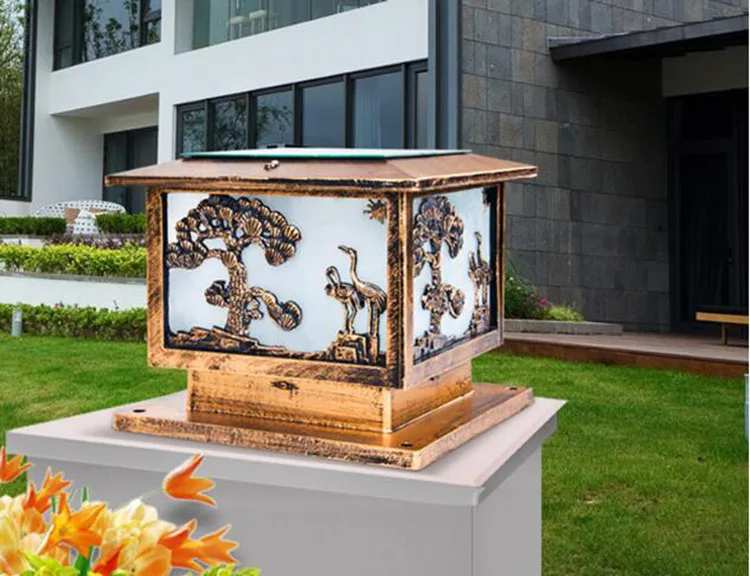 

LED Wall lamp Villa Patio Door Pillar Spherical Light classical wall light coppery and add the solar panels at the top