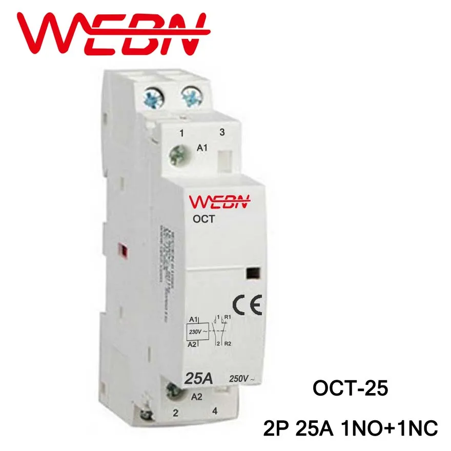 OCT Series AC Household Contactor 230V 50/60Hz 2P 25A 1NO+1NC One Normal Open and One Normal Close Contact Din Rail Contactor