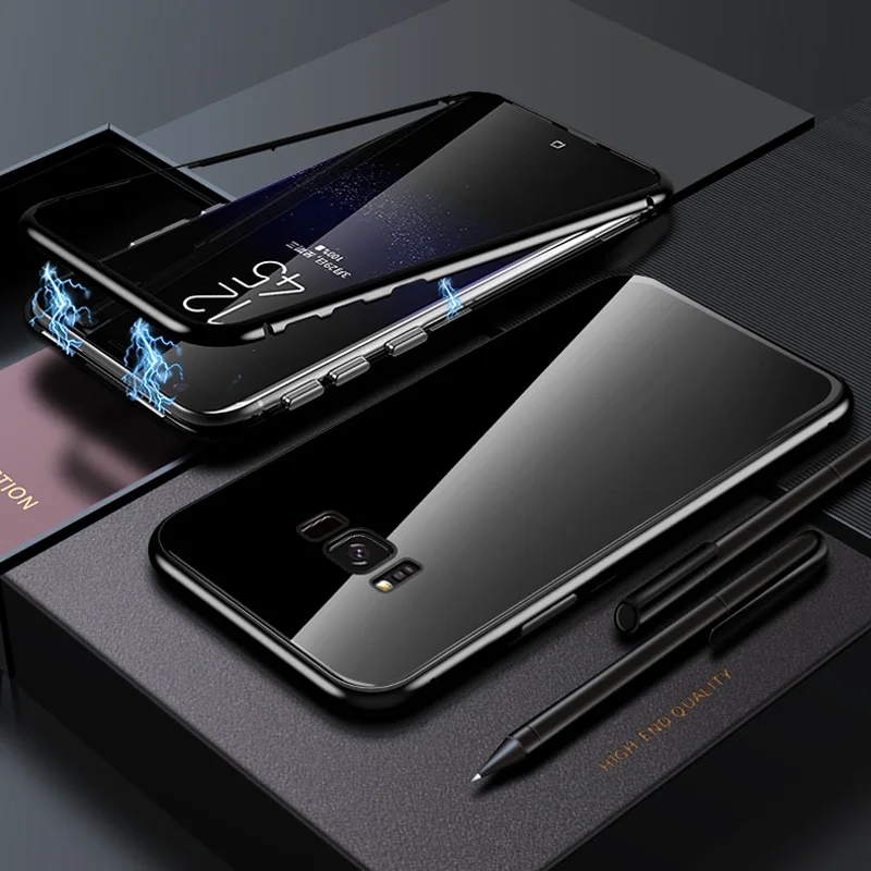 Металлический магнитный чехол для samsung Galaxy A50 A70 A30 A20 A10 A60 чехлы с закаленным стеклом для samsung A6 J6 J4 Plus A9 A7 A8 - Цвет: Black