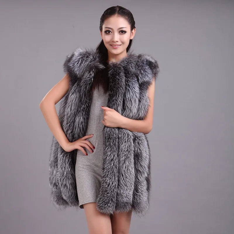 LIYAFUR Women's Real Genuine Full Pelt Silver Fox Fur Long Sleeveless Vest Waistcoat Gilet for Women