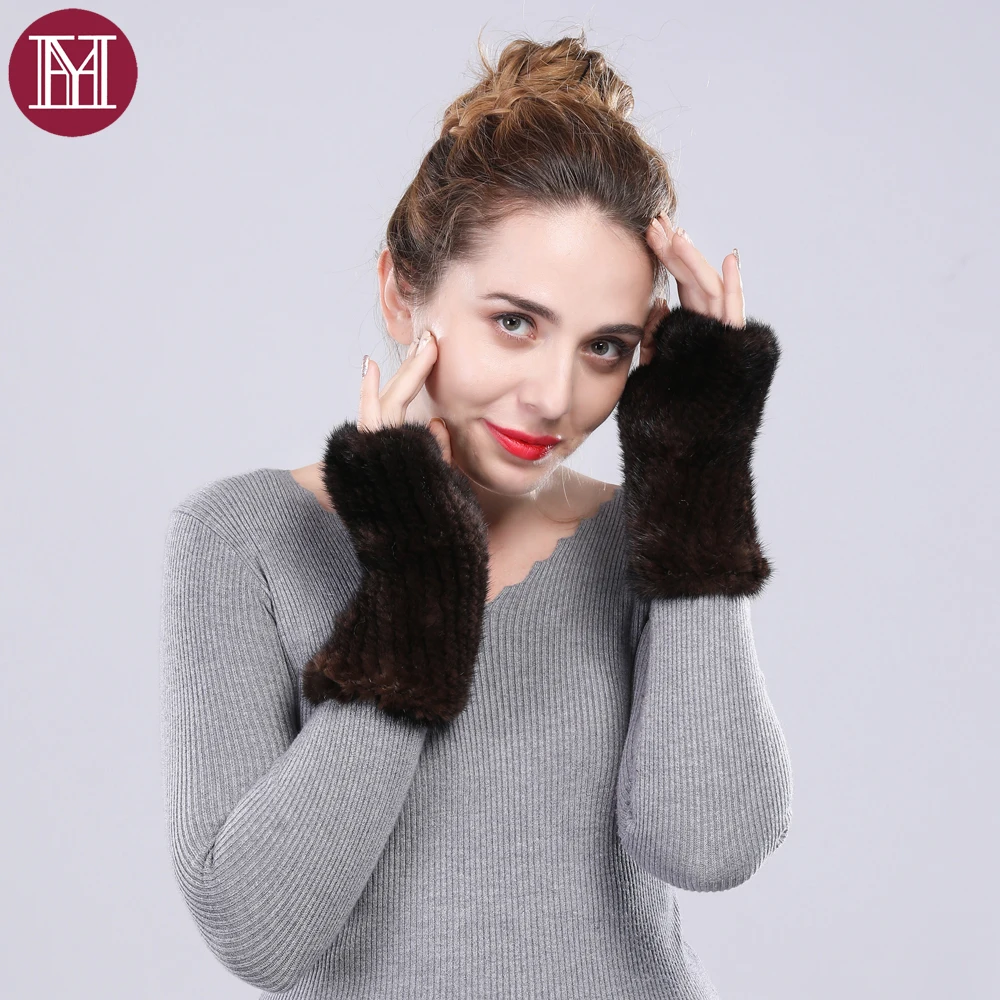 Брендовые женские перчатки из натурального меха норки без пальцев эластичные