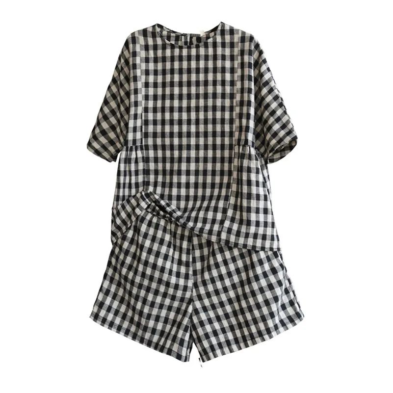 Summer Womens Cotton Linen Plaid Tops + Pants 2 Piece Set Female Blouse &amp Shorts Suit Plus Size Casual Office Lady Two |