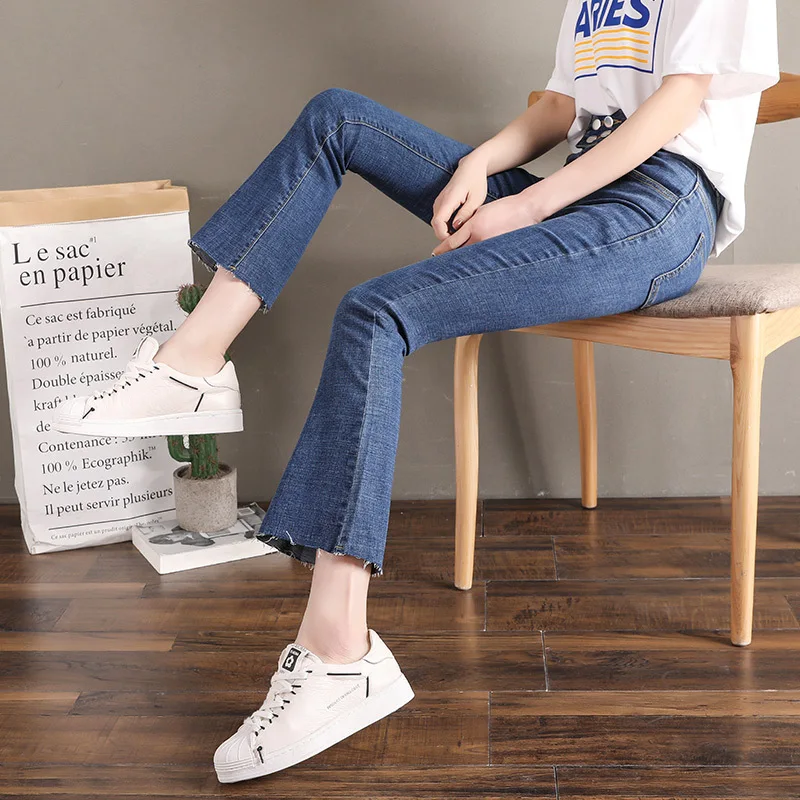 Denim Jeans Women Skinny Stretch High Waist Casual Scratched Bleached Wide Leg Pants Slim Button Ankle-Length Female Fashion |