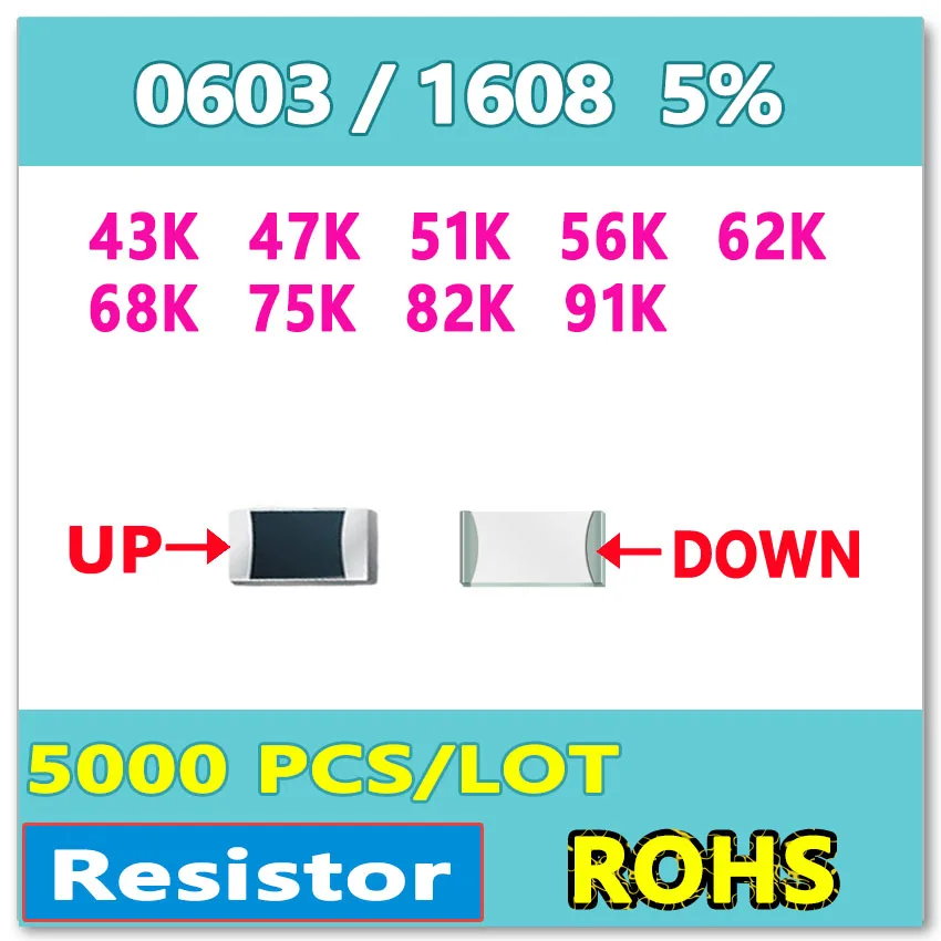 JASNPROSMA 0603 J 5% 5000pcs 43K 47K 51K 56K 62K 68K 75K 82K 91K smd 1608 OHM 43KOHM 47KOHM 51KOHM 56KOHM 62KOHM Новый резистор|ohm| |