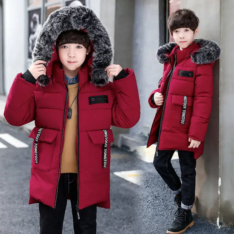 

2021 new boy long thick cotton coat new cotton suit big children in the long section hooded detachable cotton clothes tide