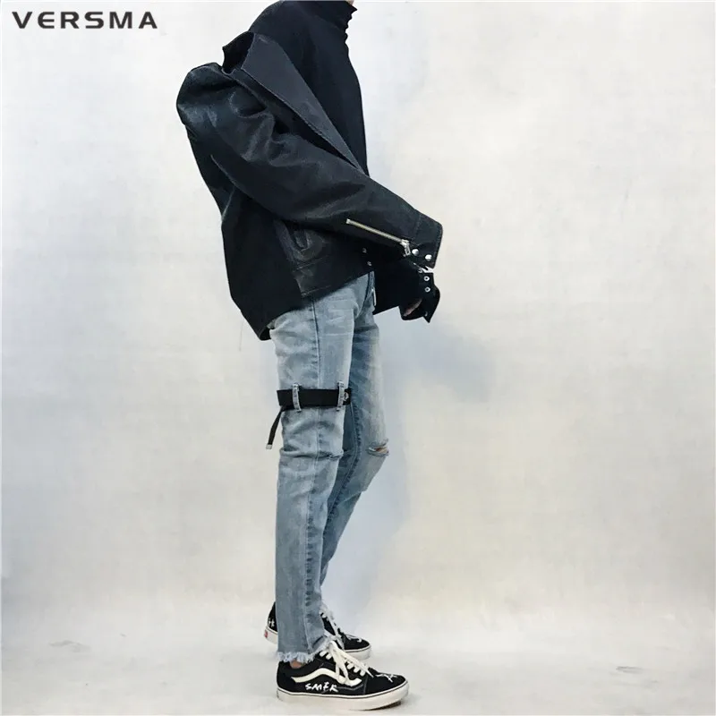 VERSMA хип-хоп Уличная одежда, облегающие джинсы, рваные джинсы, Мужские корейские Harajuku SUGA GD ленты, Лоскутные, для бега, для мотоцикла, джинсы, брюки