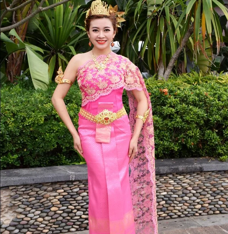 

Thailand Laos Unique clothing Thai Dai traditional shoulder sleeveless veil with straight slit pink blossom Minority costume