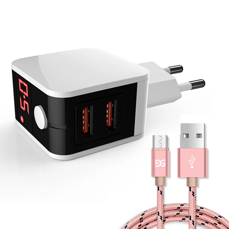 WhiteRose GUSGU Micro USB кабель для samsung Galaxy S7 Edge huawei Xiaomi со светодиодный дисплей адаптер зарядного устройства с двойным USB зарядное устройство EU порт - Цвет: WhiteRose