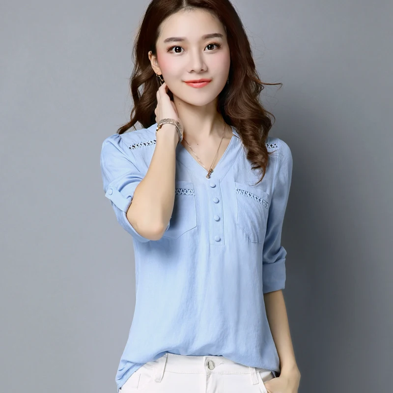 Plus Size V-Neck Casual Female Blouse Shirt Women Basic Long Sleeve Tops Linen and Cotton White Pink Blue Blusa Blouses |