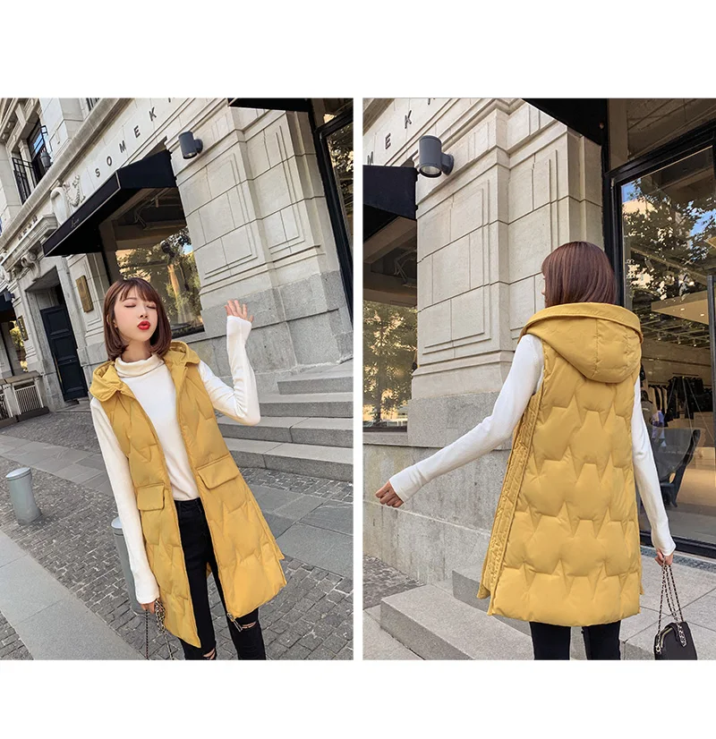 ALMUERK осень зима Женская куртка с капюшоном жилет Камуфляжный без рукавов длинный теплый с капюшоном тонкие карманы размера плюс большой