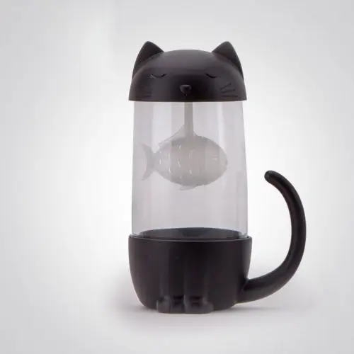 Stylish Hot Sale Lovely Glass Cup Tea Cat with Fish Filter Strainer Glass Cup Tea Infuser Filter Mug Home Office Container Gift