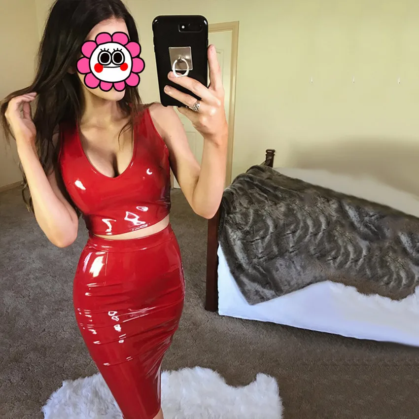 Abbille пикантные Для женщин черный Красный Bodycon Кожаные модельные туфли на латекс