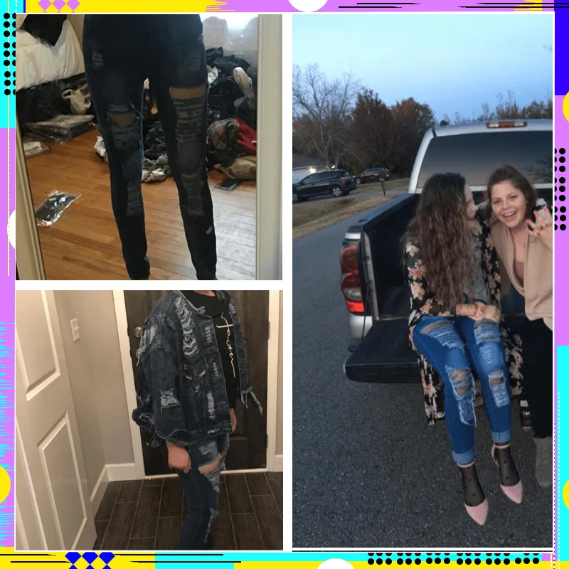 ROMWE Ripped Bleach Wash Skinny Jeans Navy Zipper Fly Hole Straight Leg Pants Summer Women Fashion Pockets Trousers