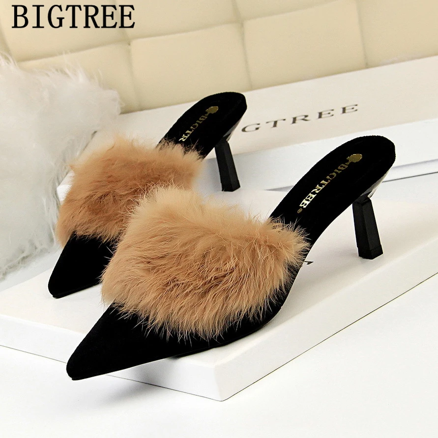 Мюли женские вечерние туфли на меху свадебные лодочки заостренный носок высокий