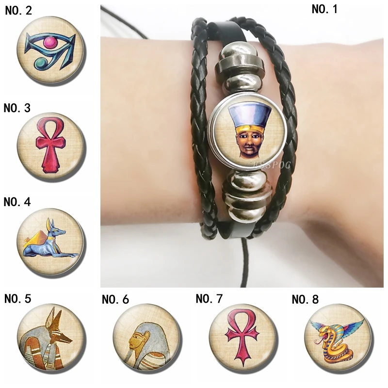 

Creative Bracelet Egyptian Pharaoh Black Multi-layered Bracelet ,Glass Cabochon Ancient Egyptian Cross Bracelet Men Women Gift