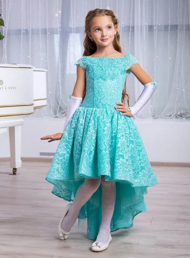 Unique and Soft Lace High Low Girls Pageant Gowns with Cap Sleeves Up Back Custom Made Flower Girl Dress For Wedding Longo | Детская