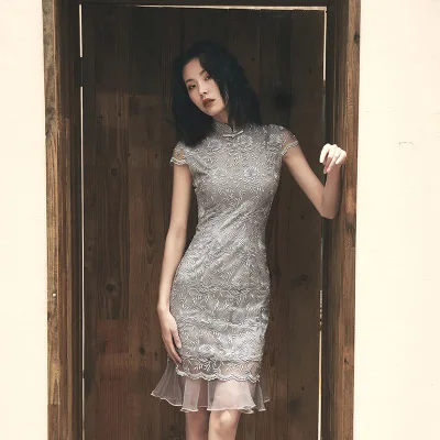 Летнее платье Ципао для свадебной вечеринки, стиль русалки, кружевное qipao - Цвет: A
