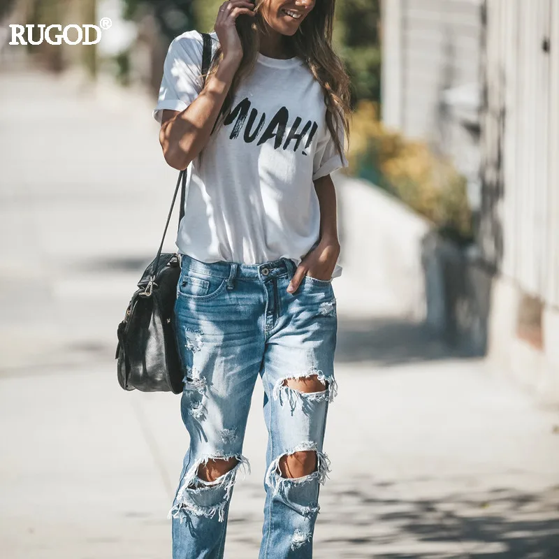 

RUGOD 2020 New MUAH Letter Print Cotton Shirt Women 2018 Summer Rolled Sleeve White Blouse Harajuku Casual Women Tops