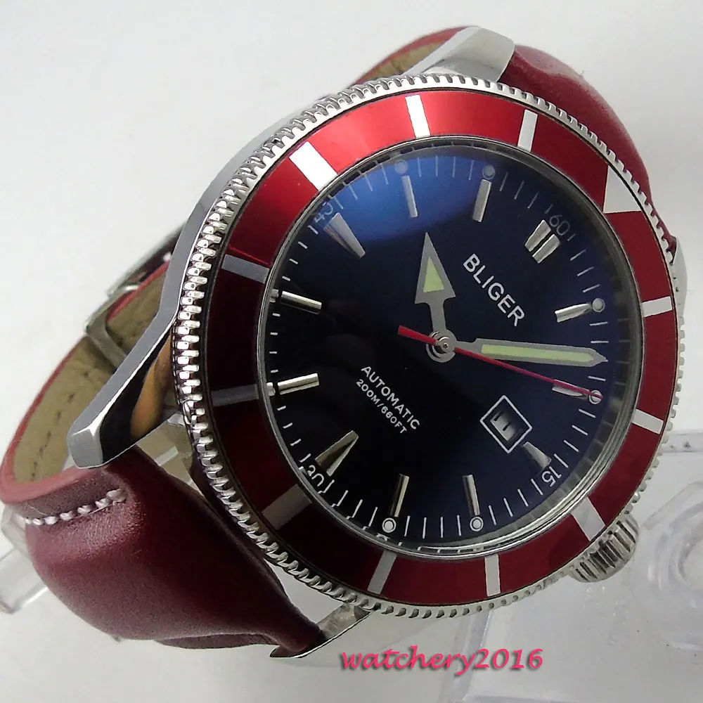 46mm Bliger Black dial Date SS Case Red Leather 2019 Top brand Luxury Hot styles Luminous Hand Automatic Mechanical Men's Watch |
