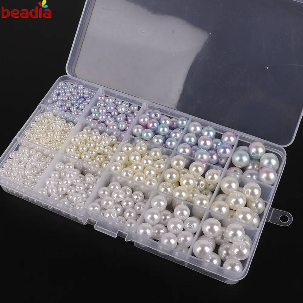 

1box(approx1300pcs) Plastic ABS Imitation Pearl Round Beads Kit Box Set For DIY Women Bracelet Necklace Jewelry Making Handmade
