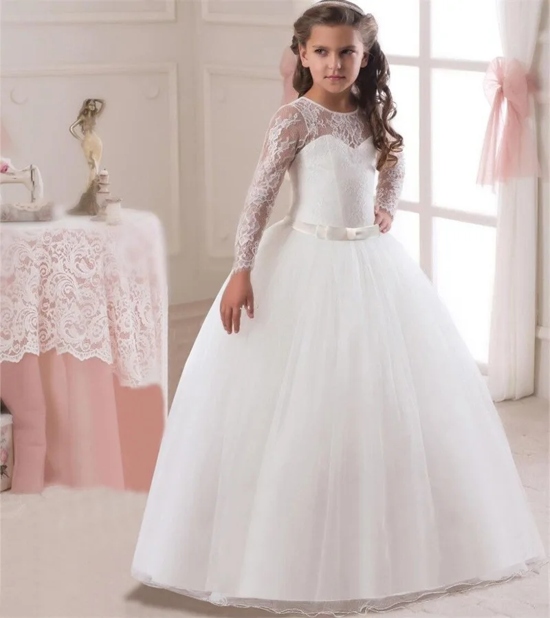 5-15Yrs Kids Girls Long Lace Flower Party Ball Gown Prom Dresses Princess Wedding Children First Communion Dress