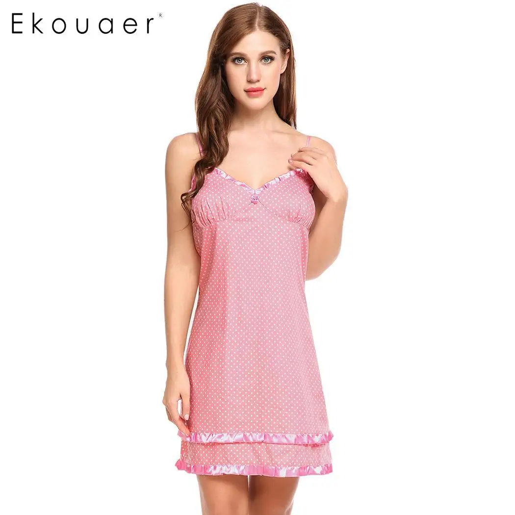 Ekouaer 100% хлопок ночная рубашка для женщин сексуальная на бретельках в горошек