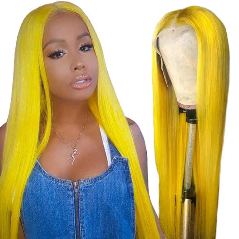 Yellow 150% 13*4 человеческие волосы на кружеве, парики Remy, предварительно выщипанные прозрачные кружевные парики, бразильские прямые парики на кружеве для черных женщин - Цвет: Yellow