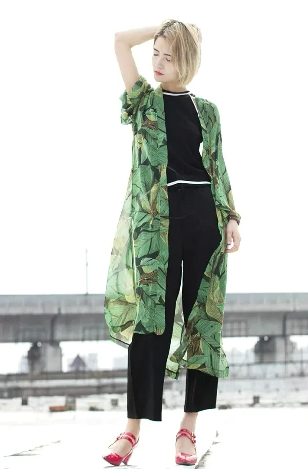 2017 женское элегантное принт с зелеными листьями длинное шифоновое кимоно