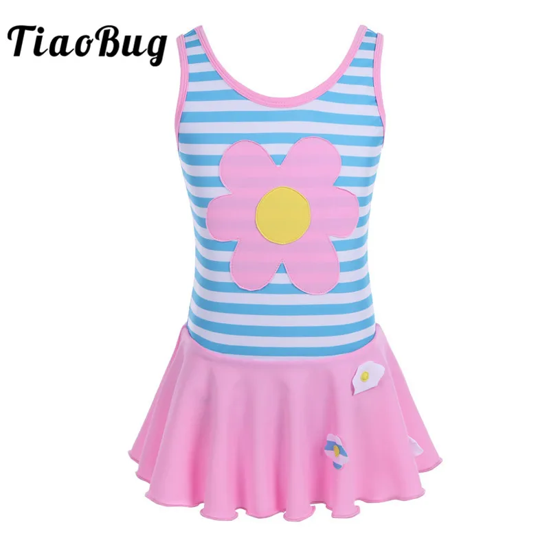 Детский слитный купальник TiaoBug в полоску с цветочной аппликацией для девочек