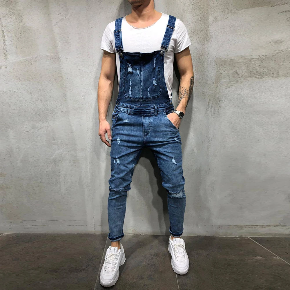 Мужской джинсовый комбинезон со средней талией повседневный облегающий