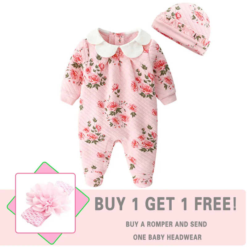 flower pink Одежда для маленьких девочек с цветочным рисунком; Хлопковые комбинезоны для новорожденных; Одежда для новорожденных с длинными рукавами; шапки; осенне-зимний костюм для младенцев - Цвет: flower pink