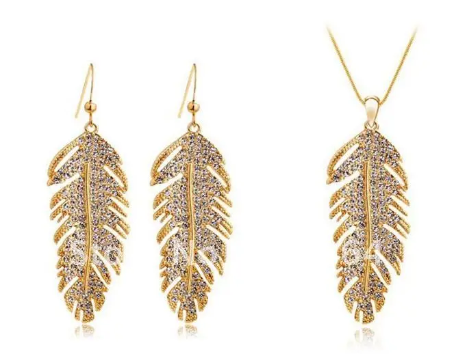 

Free Shipping Fashion Jewelry Set Popular Feather Leaf Pendant Necklace and Earrings wilth full stones Gold Color