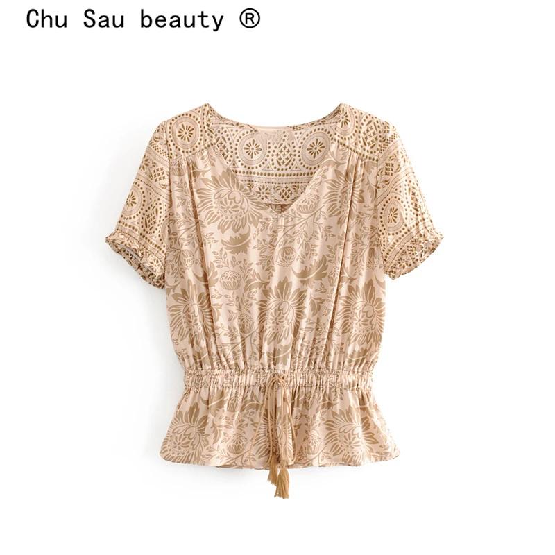 Женский короткий топ в стиле бохо винтажные свободные пляжные Блузы с кисточками